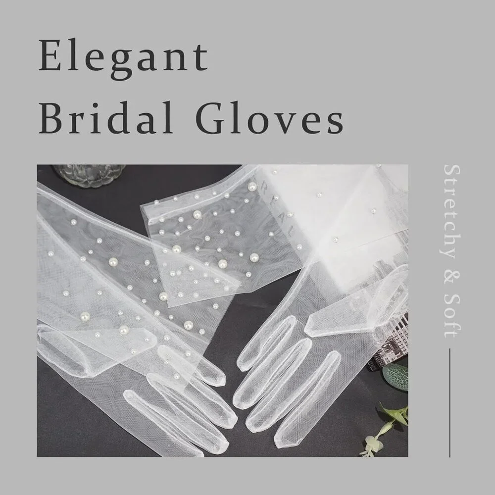 Women's Off-White Tulle Pearl Long Sleeves Gloves Bridal Party Prom Costumes